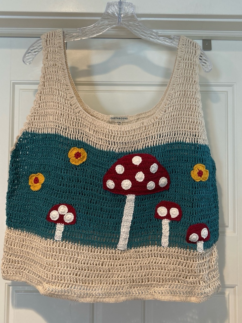 EARTHBOUND Cream Crochet Tank Top with Teal Panel & Red Mushroom Motif